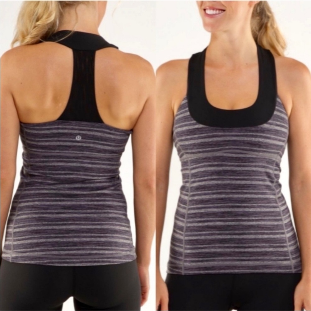 Lululemon Scoop Neck Tank Top Black Gray Stripe 8 10 Coal Strata Stripe